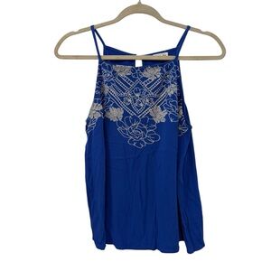 Eyeshadow Large Blue Embroidered Floral Boho Halter Tank Top Blouse